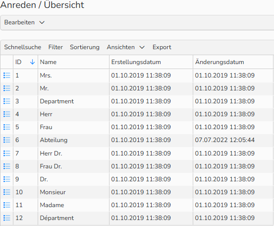 Screenshot der Übersicht Anreden mit verschiedenen Titeln.