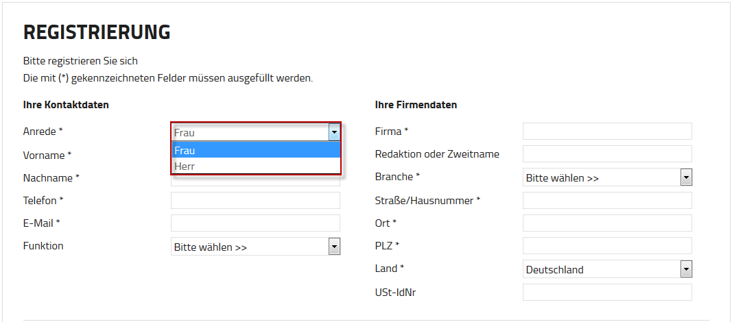 Screenshot des Registrierungsformulars im Webshop, das Feld Anrede und die Drop-down-Liste mit möglichen Anreden sind hervorgehoben.