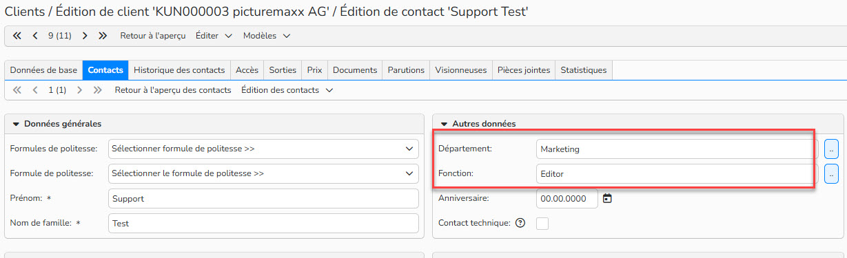 Capture d'écran mettant en évidence l'ajout d'un département/fonction à un contact