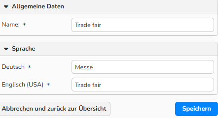Screenshot des Fensters Kontaktarten anlegen mit Feldern zur Eingabe des Namens der Kontaktaktivität in Englisch und Deutsch.