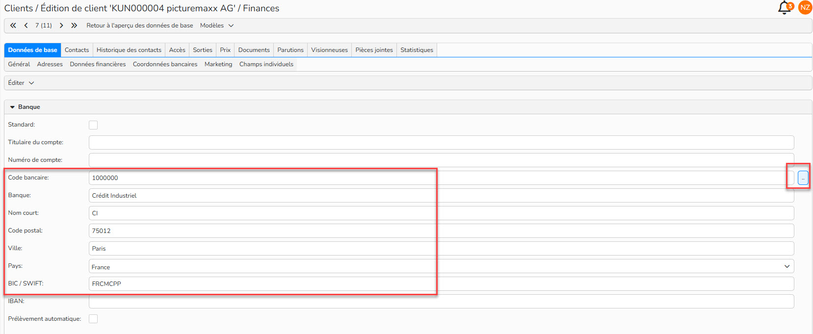 Capture d'écran montrant comment attribuer un code bancaire à des données de base