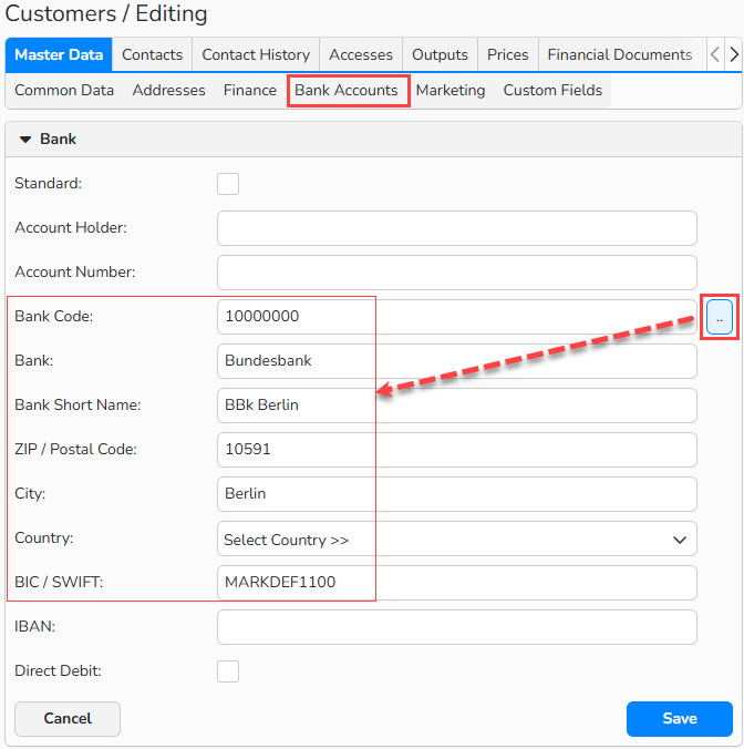 A screenshot of a Customer master data window with Bank Accounts sub-tab highlighted. The lookup button next to the Bank code field is highlighted and there is an arrow pointing from the button to the fields that are automatically populated with bank details.
