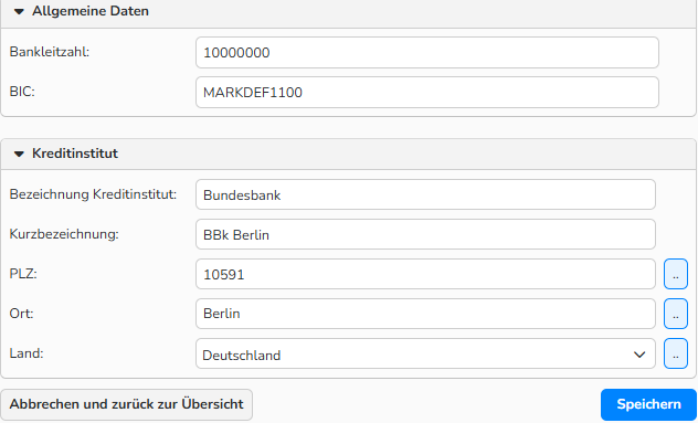 Ein Screenshot des Fensters Bankleitzahlen mit den Einstellungsfeldern.