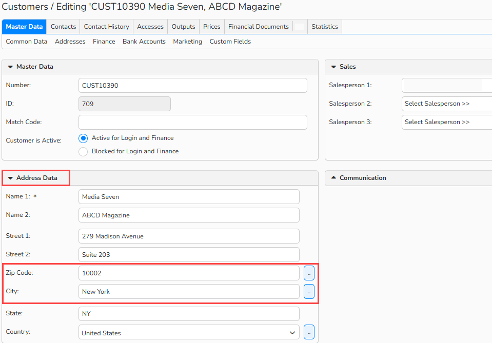 admin_zip_customer Screenshot of a Customer master data with the Address Data panel highlighted. The Zip Code and City fields and the lookup buttons are highlighted.