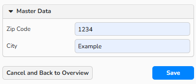 en_admin_zip_codes_2 Screenshot of the Master Data window with the newly created zip code and city.