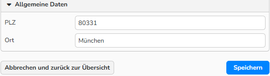 Screenshot des Fensters Allgemeine Daten mit der neu angelegten Postleitzahl und Ort.