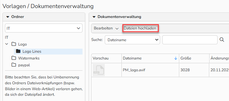 Screenshot des Fensters Dokumentenverwaltung. Die Benutzeroberfläche zeigt links eine Ordnerstruktur und rechts die hochgeladene Logodatei an. Die Schaltfläche Dateien hochladen ist hervorgehoben.