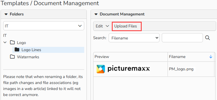 A screenshot of the Document Management window. The interface displays a folder structure on the left and uploaded logo file on the right. The Upload Files button is highlighted.
