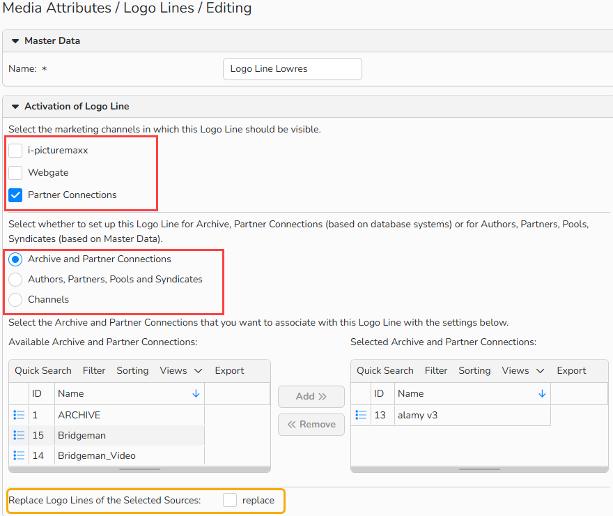 A screenshot of Media Attributes window showing options to configure Logo Lines. The settings to assign logo lines to database sources are selected and highlighted.