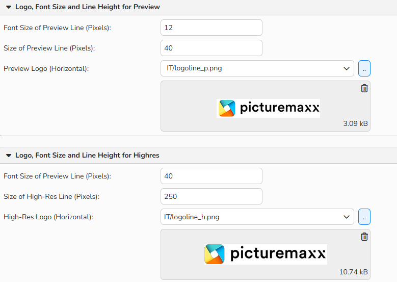 A screenshot of Media Attributes window showing options to configure logo, font size and line height for preview and highres images.