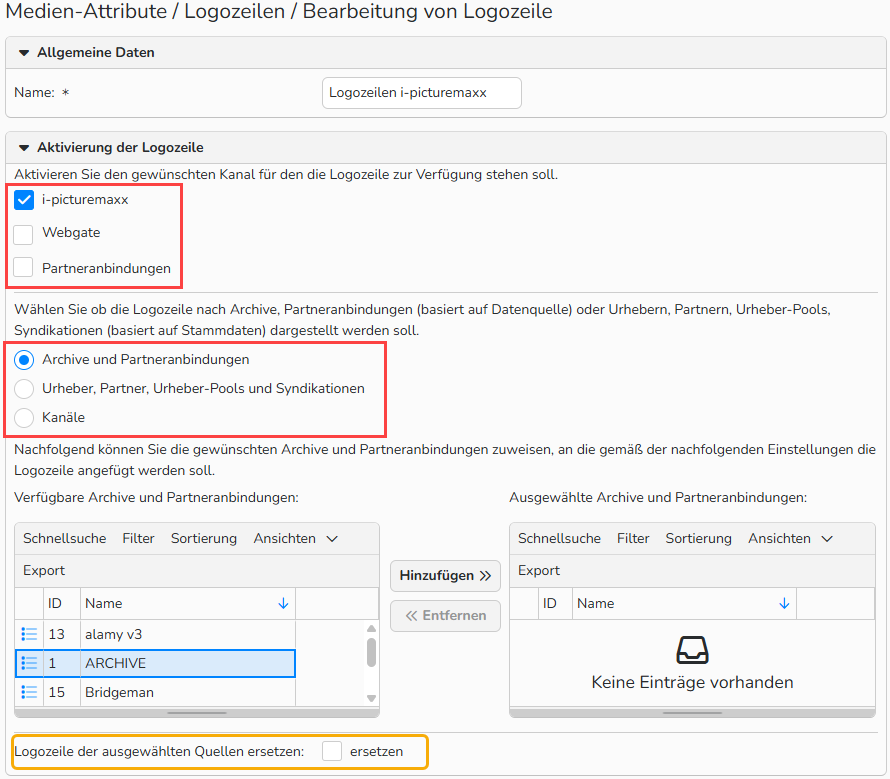 Screenshot des Fensters Medienattribute mit Optionen zur Konfiguration von Logozeilen. Die Einstellungen zum Zuweisen von Logozeilen zu Datenbankquellen sind ausgewählt und hervorgehoben.