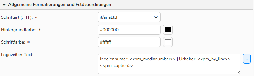 Screenshot des Fensters Medienattribute mit Optionen zur Konfiguration von Farben, Schriftarten und Feldzuordnungen für Logozeilen.