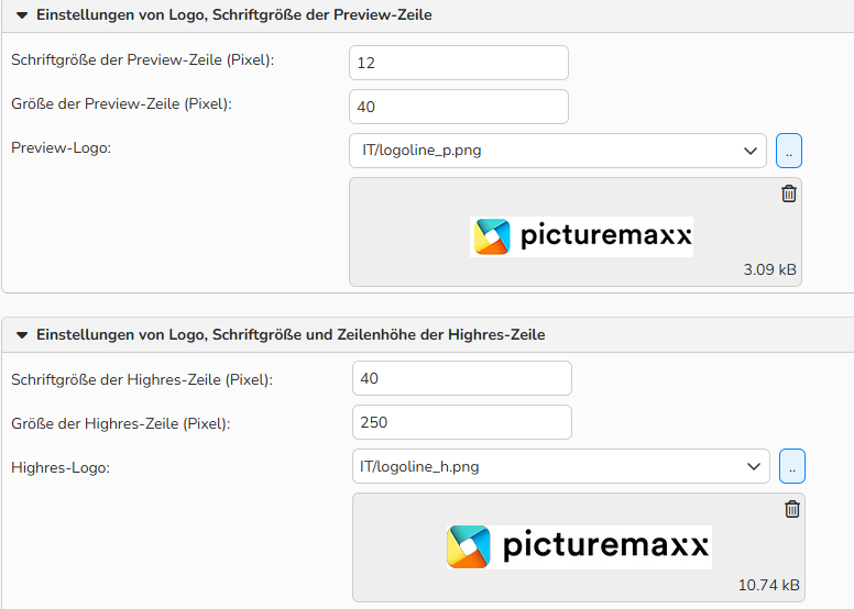 Screenshot des Fensters Medienattribute mit Optionen zur Konfiguration von Logo, Schriftgröße und Zeilenhöhe für Preview-Bilder und High-res-Bilder.