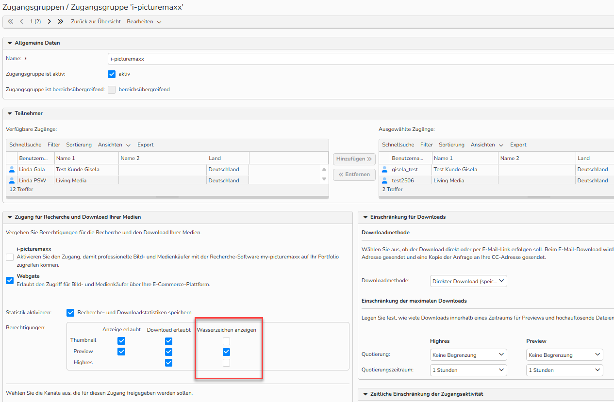 Screenshot des Einstellungsfensters der Access-Gruppe mit Konfigurationsoptionen für Gruppenrechte. Die Einstellungen für die Wasserzeichenanzeige für Thumbnails, High‑res-Bilder und Previews sind hervorgehoben.