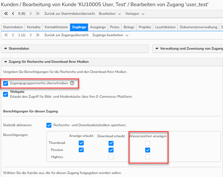 Screenshot des Fensters Bearbeitung von Kunde mit dem Tab Zugänge. Die Option Zugangsgruppenrechte überschreiben ist aktiviert und hervorgehoben. Die Einstellungen „Wasserzeichen anzeigen“ für Thumbnails, High‑res-Bilder and Previews sind hervorgehoben.