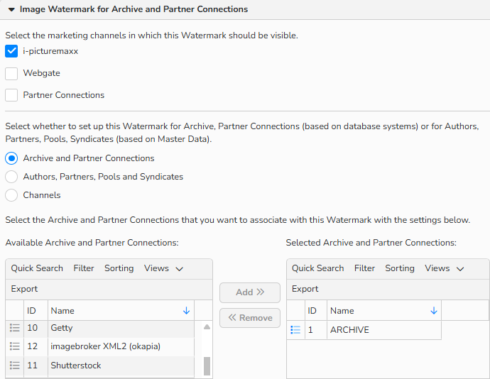 A screenshot of a Watermarks window with options for selecting channels and data sources to which watermarks will be applied.