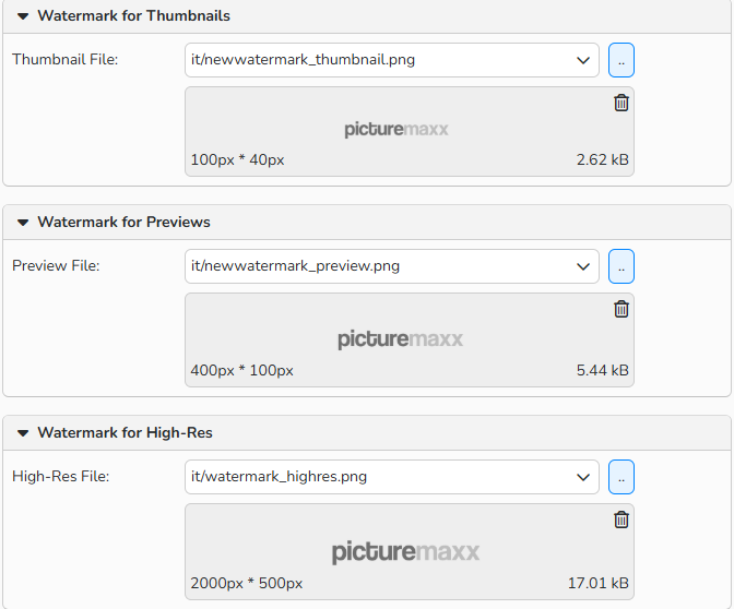 A screenshot of a Watermarks window showing options to set watermarks for thumbnails, preview, and high-res media sizes.