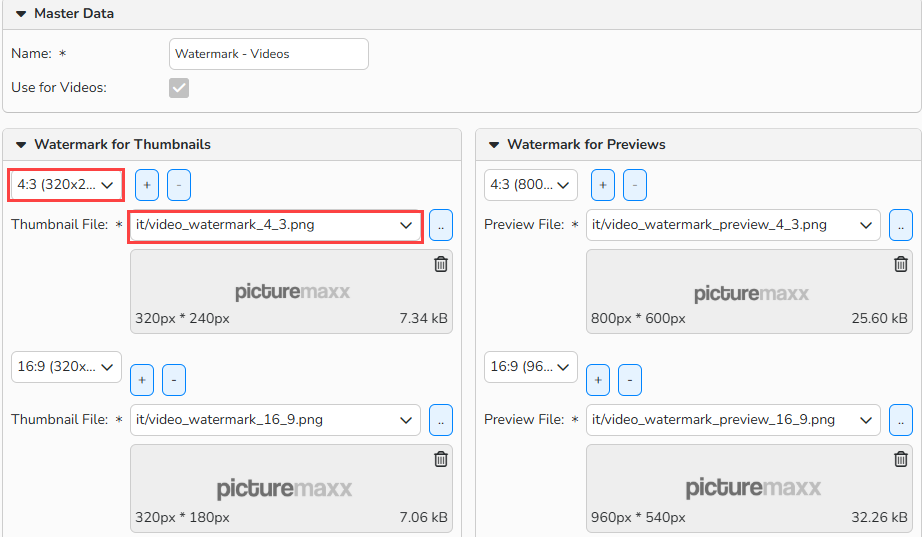 Screenshot of Watermark window with options for adding video watermarks to specific file sizes. A matching pair of fields for the watermark file and format size is highlighted.
