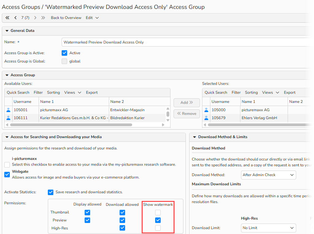 A screenshot of the Access Group setup window displaying configuration options for group rights. The Show Watermark settings for thumbnails, high‑resolution images, and previews are highlighted.