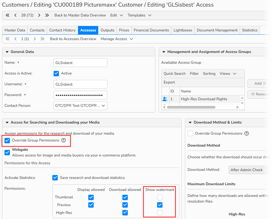 Screenshot of Customer master data window with the Accesses tab open. The Override Group Permissions option is enabled and highlighted. The Show Watermark settings for thumbnails, high‑res images, and previews are highlighted.