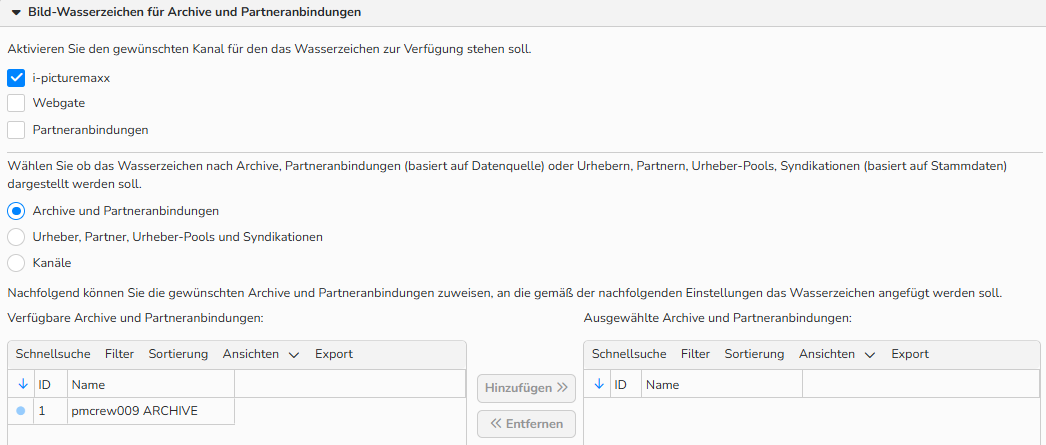 Screenshot eines Wasserzeichen-Fensters mit Optionen zur Auswahl von Kanälen und Datenquellen, auf die Wasserzeichen angewendet werden sollen.