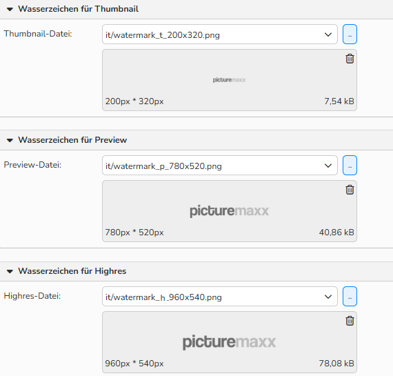 Screenshot des Fensters Wasserzeichen mit Optionen zum Festlegen von Wasserzeichen für Thumbnails, Preview- und High-res-Medienformate.