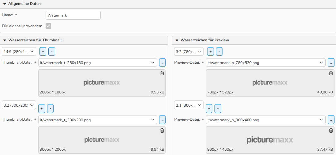 Screenshot des Fensters Wasserzeichen mit Optionen zum Hinzufügen von Video-Wasserzeichen zu bestimmten Dateigrößen.