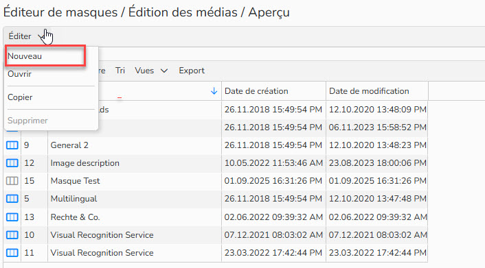 Capture d'écran mettant en évidence le menu Editer Nouveau