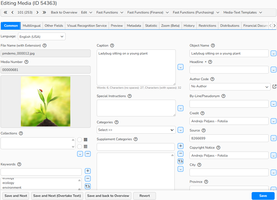 A screenshot of a Media editing form with the Common form/tab open, showing default database fields.