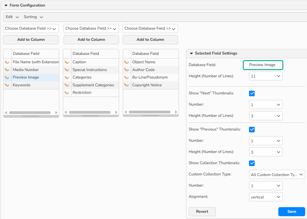 A screenshot of a media-editing form setup window showing the database fields added to the form. The field settings for the selected and highlighted Preview Image field are visible.