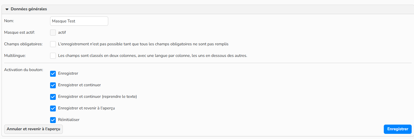 Capture d'écran montrant comment configurer un nouveau masque