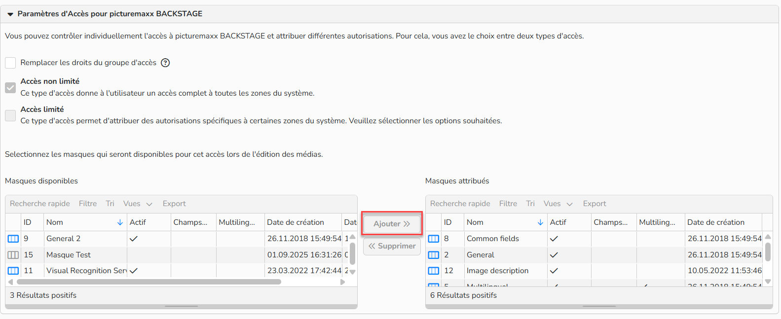 Capture d'écran montrant comment activer l'accès à un masque
