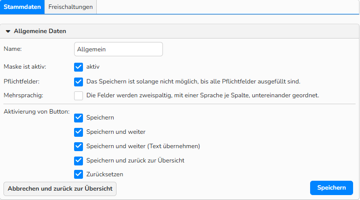 Screenshot eines Medienbearbeitungsformulars mit den aktivierten Konfigurationsoptionen: Maske ist aktiv, Pflichtfelder und Schaltfläche Speichern.