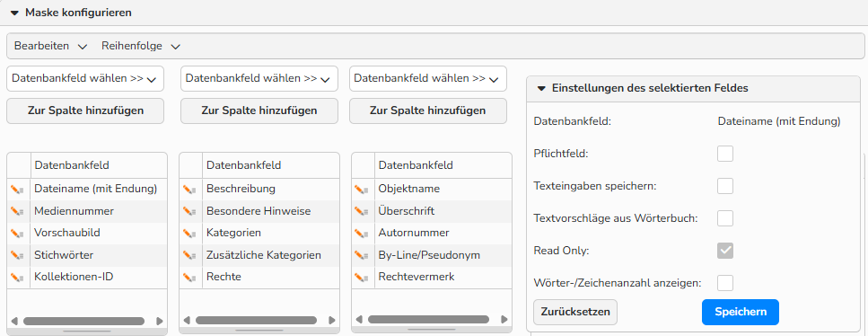 Screenshot eines Fensters zur Einrichtung eines Maskeneditors mit dem Bereich Maske konfigurieren, in dem die zum Formular hinzugefügten Datenbankfelder und die möglichen Einstellungen des selektierten Feldes angezeigt werden.
