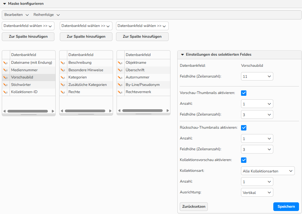 Screenshot eines Fensters zur Einrichtung eines Maskeneditors mit dem Bereich Maske konfigurieren, in dem die zum Formular hinzugefügten Datenbankfelder und die möglichen Einstellungen des selektierten Feldes angezeigt werden. Die Checkboxen für Vorschau-Thumbnails, Rückschau-Thumbnails  sowie Kollektionsvorschau aktivieren sind angehakt.