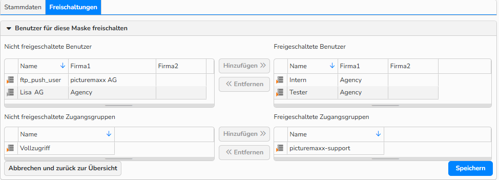 Screenshot eines Fensters zur Einrichtung eines Maskeneditors mit dem Tab Freischaltungen, auf dem Optionen zur Auswahl der Benutzer angezeigt werden, die auf das Formular zugreifen können.