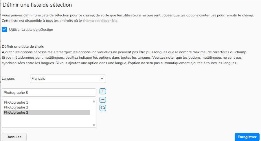 Capture d'écran montrant comment définir une liste de sélection