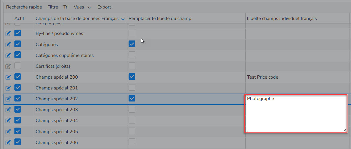 Capture d'écran montrant comment replacer le libellé d'un champ