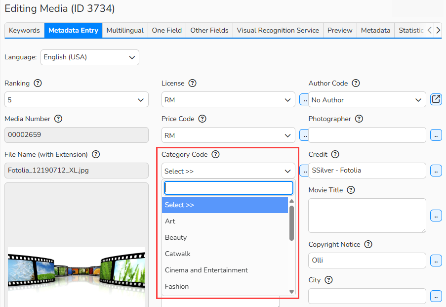 admin_dropdown_result Screenshot of a Media Processing window showing a highlighted Category Code dropdown menu.