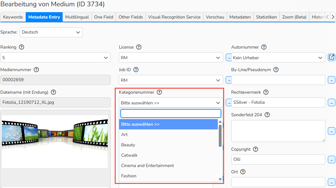 Screenshot eines Fensters zur Bearbeitung eines Mediums, in dem das Drop-down-Menü Kategorienummer hervorgehoben ist.