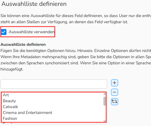 Screenshot des Dialogfelds Auswahlliste definieren mit den hervorgehobenen Optionen zum Einrichten einer Drop-down-Liste.