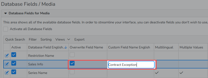 A screenshot of a Database Fields Overview window with the options to rename the selected field highlighted.
