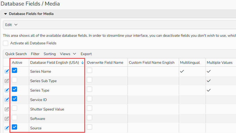 A screenshot of the Media Database Fields overview window with several activated and deactivated fields highlighted.