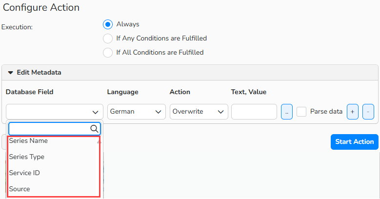 A screenshot of the Replace and Edit configuration dialog with the list of available database fields highlighted.