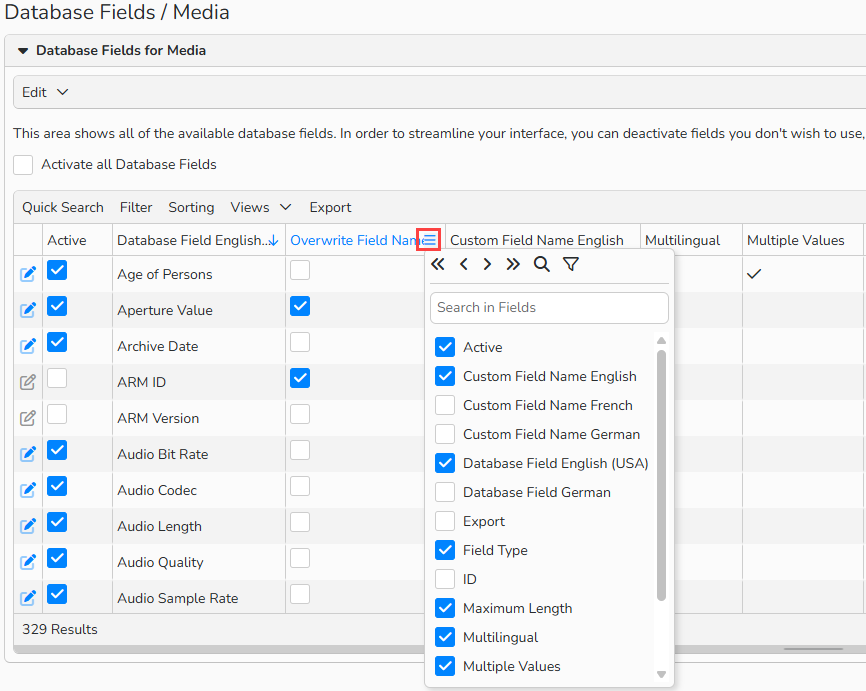 A screenshot of an overview of available Media Database Fields showing the context menu to show or hide database fields. The table context menu icon is highlighted.