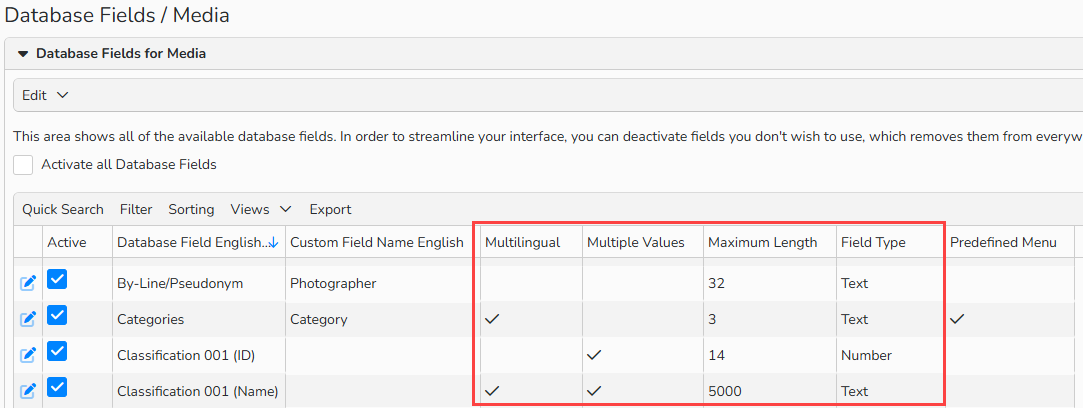A screenshot of an overview of available Media Database Fields with the field properties highlighted.