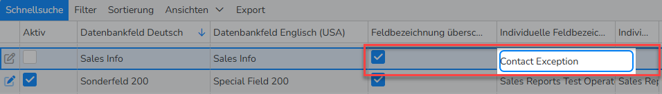 Screenshot eines Fensters mit einer Übersicht über Datenbankfelder, in der die Optionen zum Umbenennen des ausgewählten Feldes hervorgehoben sind.