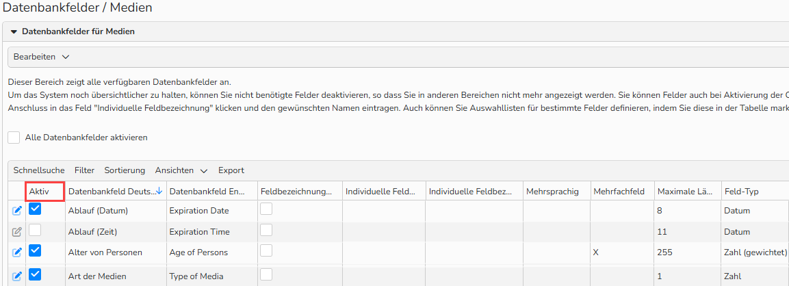 Screenshot eines Fensters mit der Übersicht der Medien-Datenbankfelder mit mehreren aktivierten und deaktivierten Feldern. Die Spaltenüberschrift Aktiv ist hervorgehoben.
