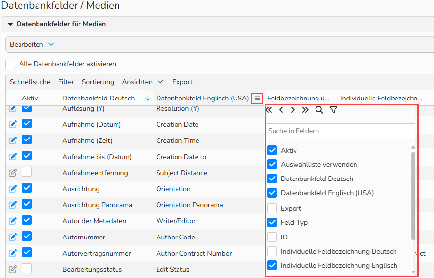 Screenshot einer Übersicht über verfügbare Medien-Datenbankfelder mit dem Kontextmenü zum Ein- und Ausblenden von Datenbankfeldern. Das Symbol für das Tabellenkontextmenü ist hervorgehoben.