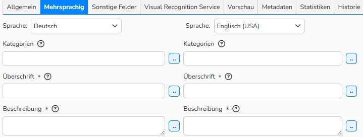 Screenshot eines Fensters zur Medienbearbeitung mit dem geöffneten Tab Mehrsprachig, der Felder für die Eingabe von Daten in Englisch und Deutsch anzeigt.